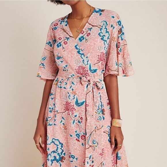 Anthropologie Maeve Adelaid Floral Wrap Dress XS Flutter Fairy Baby Shower - Picture 4 of 16